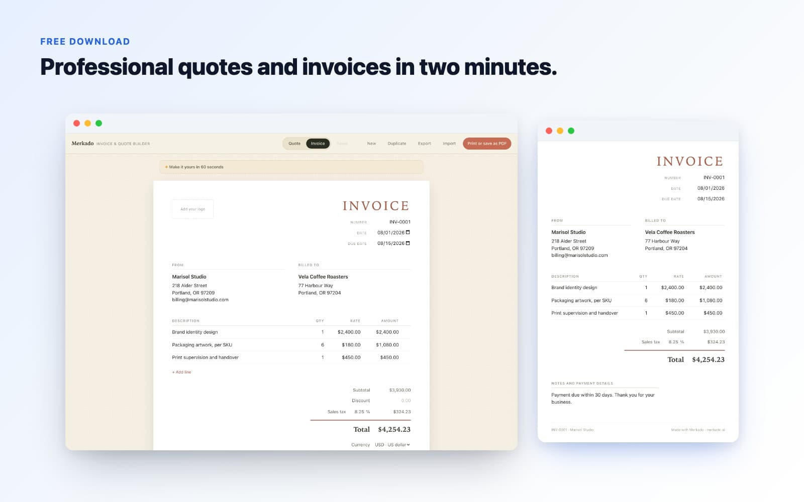 The Invoice and Quote Builder with a filled invoice, beside the finished document it prints
